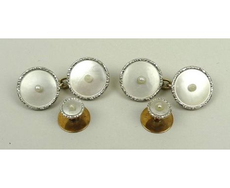 A 9ct gold, platinum, mother of pearl and seed pearl dress set, comprising; cufflinks and two collar studs, 7.5g total weight