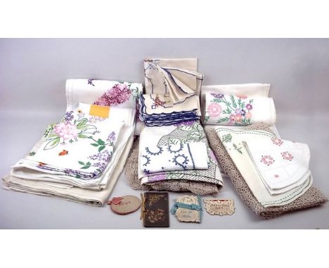 A group of four Victorian cut card work needle book covers together with a quantity of vintage, embroidered and crocheted tab