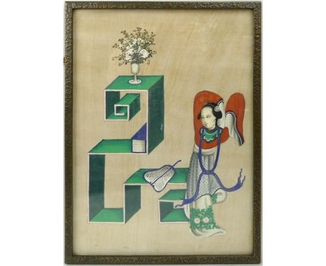 A series of six Chinese gouache paintings on pith paper, late 19th century, depicting a young lady at various pursuits, inclu