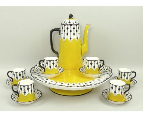 A Royal Worcester porcelain part coffee service, circa 1930, the yellow ground below a white ground with black spot and verti