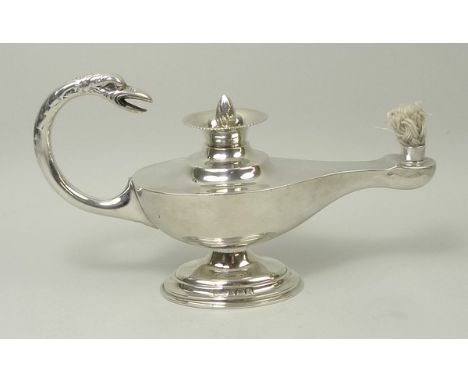 A silver Roman oil lamp with a scrolling serpent handle, Birmingham 1902, 3.785toz.