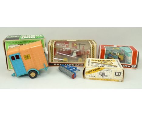 A group of Britains models, comprising; Farm Roller, 9533, Transplanter, 9552, Dump Truck, 9670, and Horse Box with Horse, 95