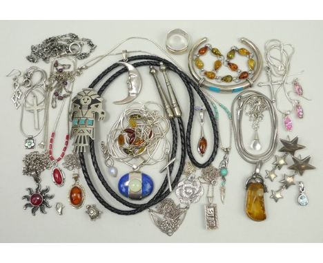 A quantity of silver costume jewellery including a 14kt gold and silver ring, a Mexican turquoise and silver bangle, further 