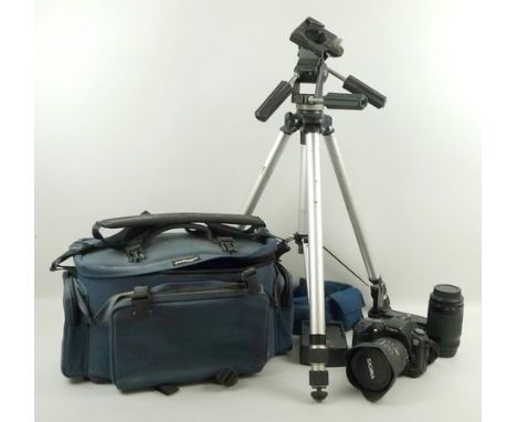 A Canon EOS D60 camera with lenses, accessories, battery pack, fitted canvas case and tripod.