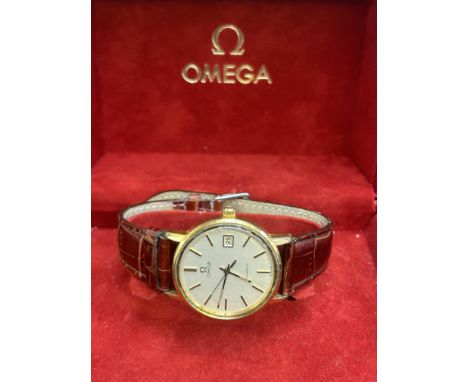 1979 Omega quartz gents wristwatch with date app at 3 o clock, champagne dial &amp; gold batons. Replacement leather strap, n