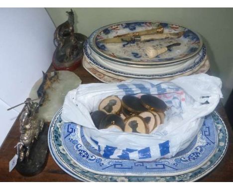 Collection of meat plates, silhouettes, pipe, paper knife, parasol handle, dogs ashtray, dog and horse sculptures
