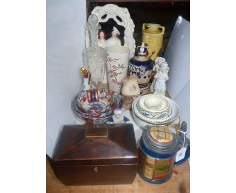 Porcelain Cabaret Wares tray, antique caddy, Imari bowls, Staffordshire group, figures, decanter, Maling vase, etc