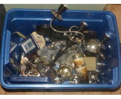 Box of mostly silver plate but including silver mounted horn beakers