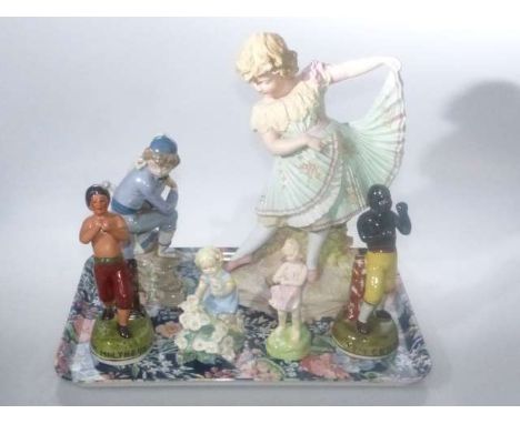 Large bisque dancing girl figure, Lladro, two Royal Worcester and two boxing figures (6)
