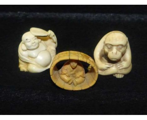 Two Japanese ivory netsukes, early 20th Century, signed; and another signed netsuke (3)