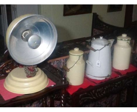 Vintage 'The Barber' luminous heat generator and two enamel storage jars and jug
