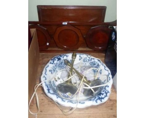 Folding cake stand, tray, pair brass table lamps plate and toilet basin (5)