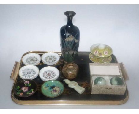 Cloisonne vase and two coasters, Worcester coasters, rice bowl, etc