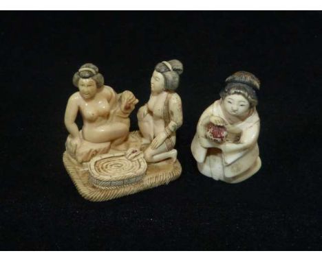 Japanese stained ivory netsuke, carved as a kneeling bijin, signed to a red lacquer reserve; and an erotic micro-carving, sig