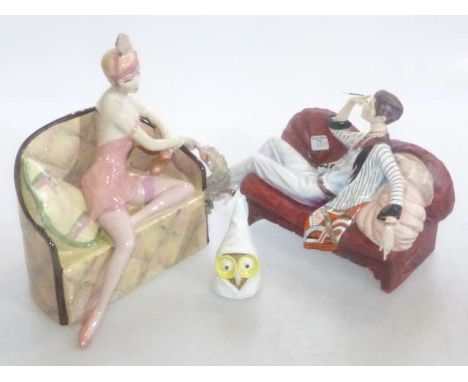 Two Kenneth Potts Royal Worcester limited edition 'A La Mode' figures and an owl candle snuffer (3)