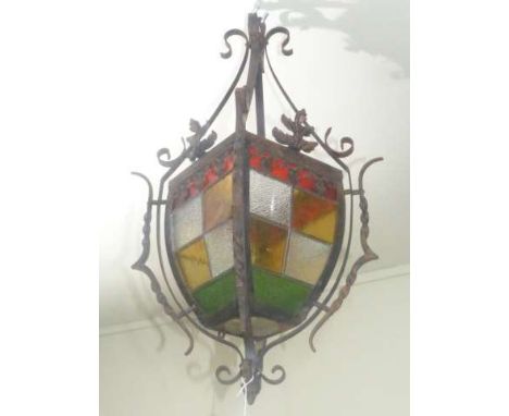 Wrought iron and coloured leaded glass hall lantern