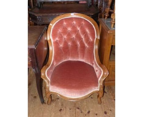 Victorian walnut framed nursing chair in pink button draylon