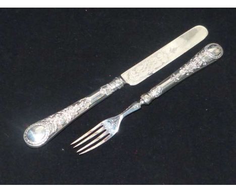 Silver handled and bladed knife and fork