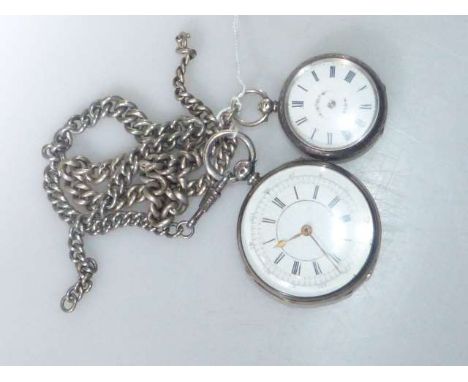 Two silver pocket watches with silver Albert's