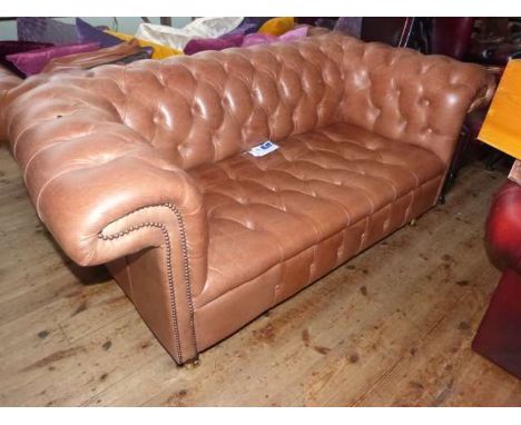 Modern brown leather deep button two seater Chesterfield settee