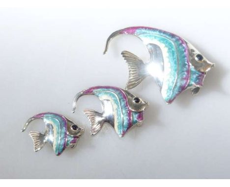 Set of three enamel fish, each stamped 925