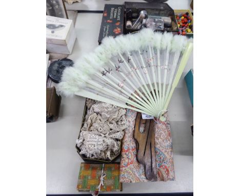 EARLY 20th CENTURY SILK FAN PAINTED WITH SWALLOWS IN FLIGHT AND TRAILING FLOWERS WITH PAINTED WOOD STICKS HAVING FEATHER TOPS