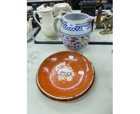 LARGE CONTINENTAL MAJOLICA JUG, WITH HAND PAINTED DECORATION, 8 1/4" DIAMETER AND A MAJOLICA SHALLOW BOWL, LIGHT BROWN WITH F