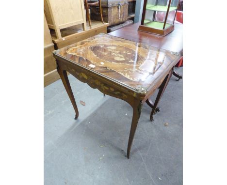 A TWENTIETH CENTURY ITALIAN WALNUT AND MARQUETRY FLAP-TOP CARD TABLE WITH END DRAWER, ON FOUR SEMI-CABRIOLE SUPPORTS 