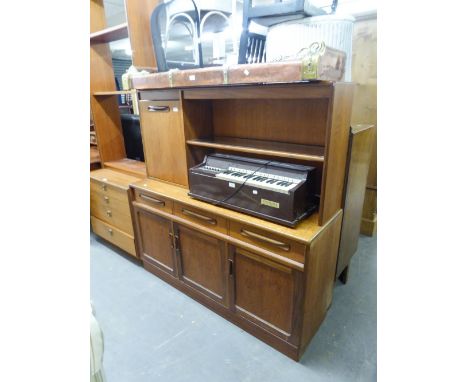 G-PLAN STYLE TEAK SIDEBOARD WITH RAISED BACK WITH SHELF AND FALL FRONT COCKTAIL SECTION, 4'7" WIDE 