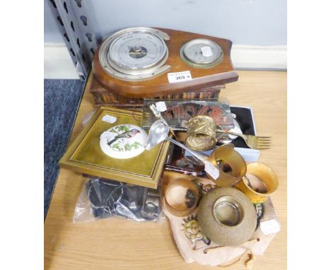 'THE THUNDERTIER' METAL WHISTLE, A COMPASS ON  STRING AND A SMALL TOFFEE HAMMER AND A LIGHTER, A MAHOGANY PANEL WITH AN ANERO