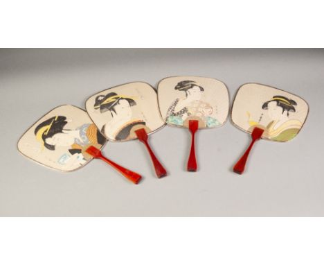 SET OF FOUR JAPANESE CARD SMALL FANS, each of square form with red wood handle, decorated with a bust portrait of a geisha, 7