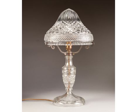 1930's CUT GLASS TABLE LAMP, with vase shaped column, high domed shade with gilt metal fittings, and circular base, 18 ½" (47