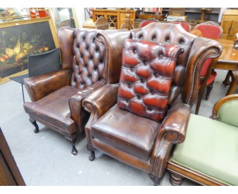 TWO OF BUTTON BACK FIRESIDE ARMCHAIRS, BROWN HIDE UPHOLSTERY WITH STUD DETAIL, RAISED ON CABRIOLE SUPPORTS AND A SIMILAR STOO