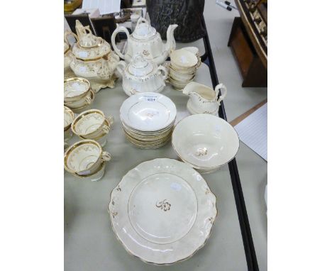 EARLY VICTORIAN WHITE CHINA ROCOCO STYLE TEA SERVICE WITH SINGLE GILT SPRIG AND GILT LINE DECORATION, FOR SIX PERSONS, 23 PIE