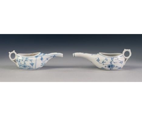 TWO MEISSEN STYLE ANTIQUE PORCELAIN INVALID FEEDING CUPS, painted in underglaze blue with 'Onion' pattern, each with an oval 