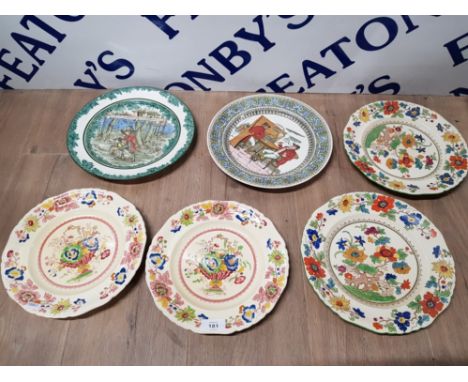 FOUR VINTAGE MASONS IRON STONE LUNCH PLATES AND TWO ROYAL DOULTON SERIES WARE DISPLAY PLATES