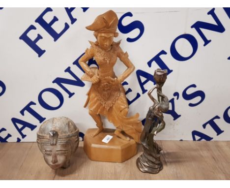 WOODEN CARVED BALI DANCER TOGETHER WITH EGYPTIAN HEAD AND NOUVEAU CANDLESTICK
