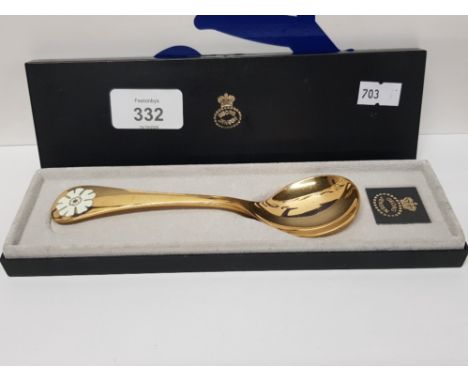 A SILVER GILT YEAR SPOON BY GEORGE JENSEN 1981 WITH ENAMEL FLOWER DECORATION 43.4G GROSS BOXED