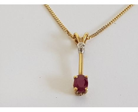 18CT YELLOW GOLD RUBY AND DIAMOND DROP PENDANT AND CHAIN 4.1 G