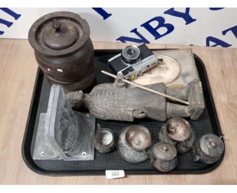 TRAY OF MISCELLANEOUS INCLUDES WHITE METAL MINATURE CHINESE TEA SET, TERRACOTTA WARRIOR FIGURE, GALLEON BOOKENDS, OLYMPUS TRI
