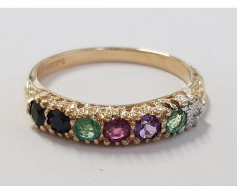 9CT YELLOW GOLD DIAMOND SAPPHIRE, AMETHYST, RUBY AND EMERALD RING, 1.8G SIZE N