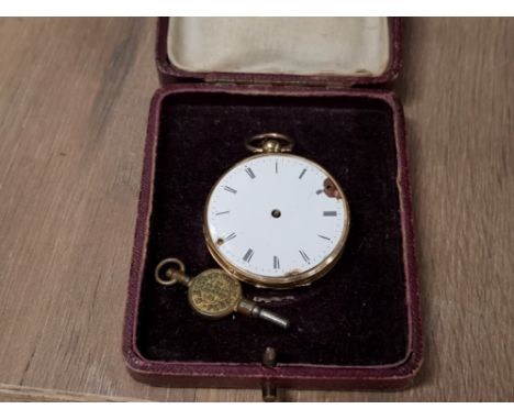 A 19TH CENTURY YELLOW METAL FOB WATCH ENAMEL ROMAN DIAL NO 34427 WITH KEY SAS