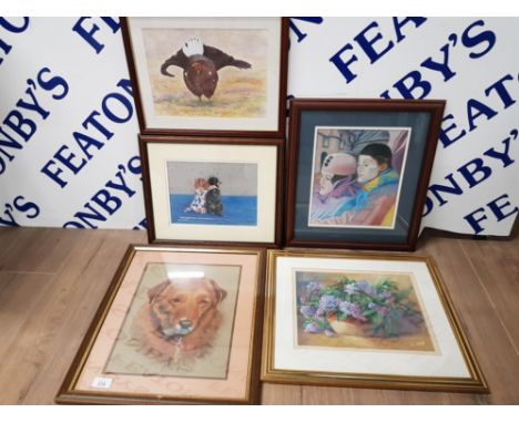 PASTEL DRAWINGS BY N CLARKE TO INCLUDE DOG PORTRAIT LILACS IN A BOWL ETC. 5