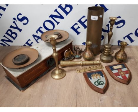 MARBLE TOPPED SCALES, BRASS SHELL CASING, BRASS CANDLESTICKS, SHIELDS FOR LONDON UNIVERSITY PLUS VARIOUS BRASSWARE
