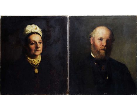 Manner of Herbert von Herkomer (1849-1914)Portrait of a gentleman with a gold tie pin, and a portrait of a lady wearing a lac