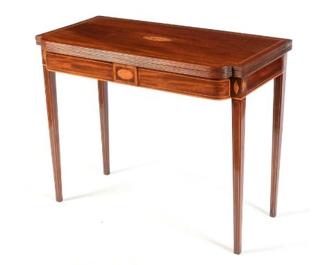 A George III inlaid mahogany card table, the rectangular satinwood banded top with central shell motif opening on to a gatele