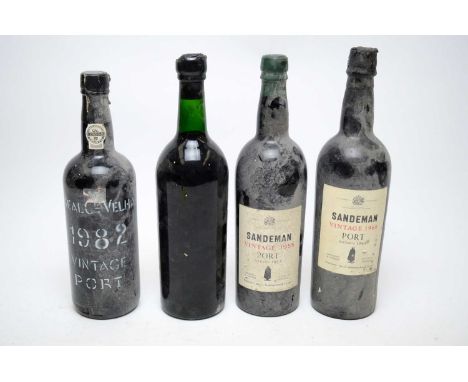 Sandeman Vintage Port 1955 and 1960, two bottles; Real Companhia Velha Vintage Port 1982, one bottle; and a bottle of Fonseca