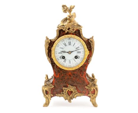 A 19th Century French Boulle mantel clock, the white enamel roman dial fitted a Japy Freres barrel movement striking on a coi