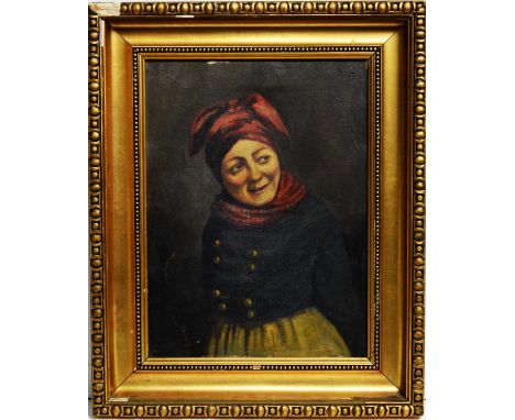 Pau* Hunsen(19th Century) Portrait of a woman in a red headscarf,signed indistinctly,oil on canvas,36 x 26cms, framed.