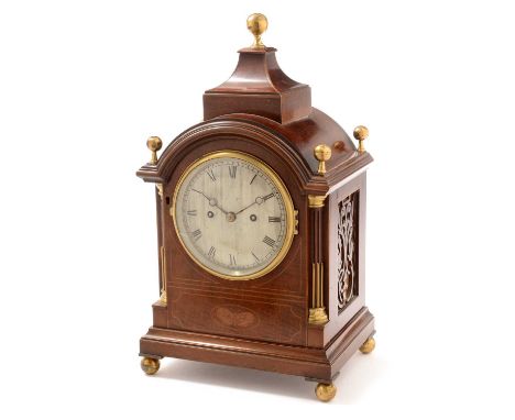 A 19th Century inlaid mahogany dome-top bracket clock, the silvered roman dial fitted 8-day movement striking the hours and h